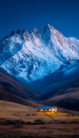 Warm light spills from a rustic cabin's windows as twilight descends, nestled amidst snow-covered peaks and a tranquil alpine landscape.の写真素材