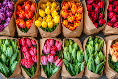 Bright tulip bunches in decorative paper are neatly aligned, showcasing vibrant hues and inviting floral elegance perfect for spring display or gift iの写真素材