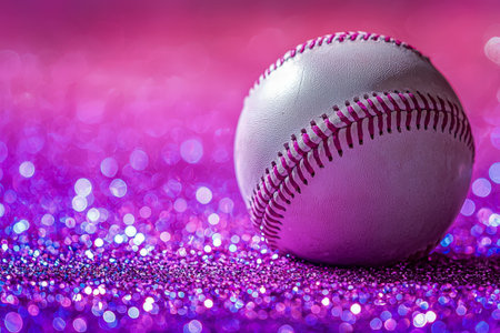 A detailed shot of a traditional baseball nestled against a shimmering pink and purple backdrop, evoking vibrant sports energy and glamour.の写真素材