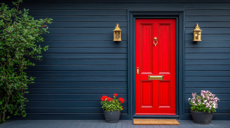 A cheerful entryway features a striking crimson door with glaming brass accents, surrounded by colorful flower pots and vintage lanterns against a deの写真素材