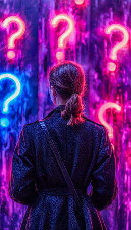 A woman studies glowing question marks amid striking purple and pink illuminated artwork, creating a...