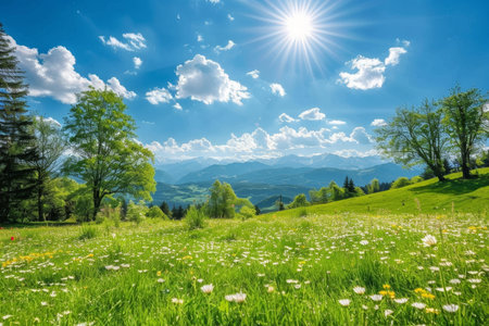 Sunny alpine day idyllic spring mountain landscape with blooming meadows in the majestic alpsの写真素材