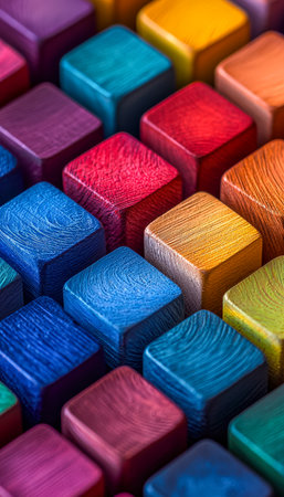 Brightly painted wooden blocks form an energetic mosaic, showcasing bold colors and geometric harmony perfect for creativity or learning themes.の写真素材
