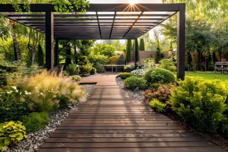 Luxurious garden with teak deck and stylish black pergola, elegant morning designの写真素材