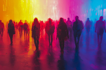 Vibrant city lights glow as shadowy figures stride through a lively, neon-lit streetscape, creating...