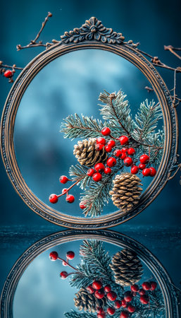 A festive wall accent features a round mirror framed with lush pine sprigs, frosted pinecones, and vibrant crimson berries, perfect for holiday eleganの写真素材