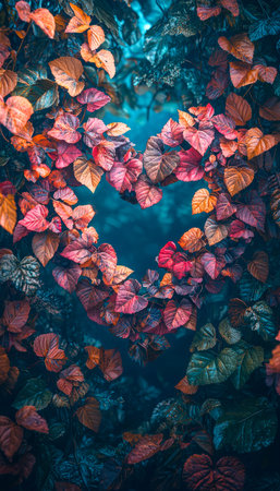 Vivid fall foliage forms a tender heart silhouette against a deep, shadowy backdrop, evoking warmth,...