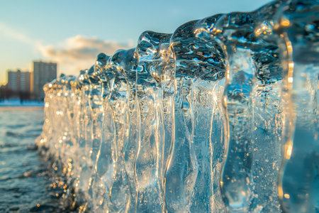 Frozen water droplets gradually liquefy on a waterfront, with shimmering city skyline blending into a moody, reflective atmosphere.の写真素材