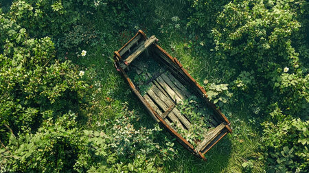 An old weathered boat, engulfed by vibrant foliage, rests silently amid a verdant landscape, evoking a sense of forgotten adventure and natural reclaiの写真素材