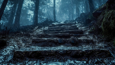 A shadowy woodland path adorned with ancient stone steps, enveloped in fog, creating a mysterious and tranquil ambiance perfect for fantasy or reflectの写真素材