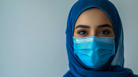 A confident young woman in a vibrant blue hijab and protective mask, emphasizing commitment to health, safety, and cultural diversity in healthcare.の写真素材