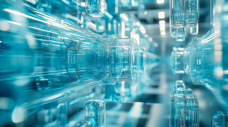 Intricate transparent tubing interlinked within a sleek, futuristic manufacturing environment,...