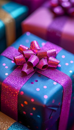 A vibrant, wrapped present adorned with a shimmering bow and playful polka dot ribbon, radiating...