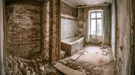 An aged bathroom revealing rugged brick walls, scattered debris, and unfinished fixtures, exuding rustic charm amid a renovation project.の写真素材