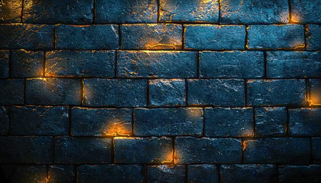 A moody, deep blue brick surface highlighted by faint, radiant fissures and gentle lighting,...