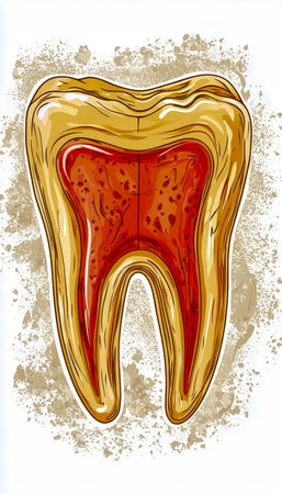 A detailed digital artwork depicting a damaged molar with visible decay and an inflamed pulp chamber, emphasizing dental health challenges in a lifeliの写真素材