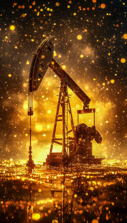 A glowing oil pumpjack stands against a shimmering golden starry backdrop, its luminous silhouette mirrored on a polished surface exuding elegance andの写真素材