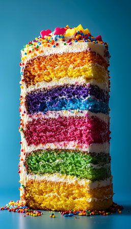 A vibrant, multi-tiered cake featuring bright rainbow hues, adorned with lively sprinkles and...