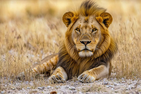 A regal lion lounges calmly amidst golden grasses, embodying strength and serenity in the vast...