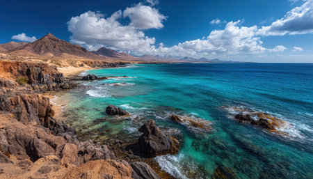 A panoramic view showcases rugged rocks meeting vivid turquoise waves beneath a sky dotted with soft clouds, evoking tranquility and adventurous spiritの写真素材