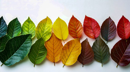 A vibrant spectrum of fall foliage transitioning from lush green to fiery red, artistically laid out...