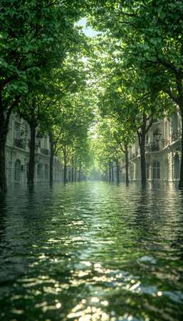Sunlit streets mirror with water, lined by historic facades and lush trees, creating a serene yet poignant reflection of urban resilience.の写真素材