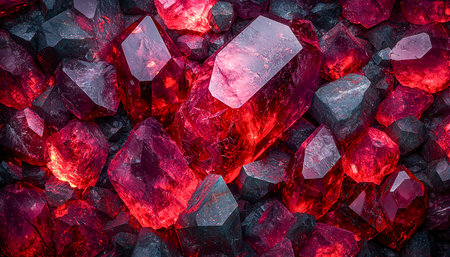 Bright crimson gems contrasted against tough, shadowy stones create a striking, luxurious composition ideal for jewelry or luxury branding.の写真素材