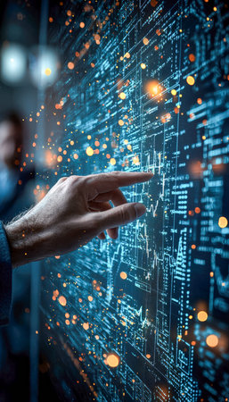 A futuristic scene of an individual engaging with an illuminated network of interconnected data...