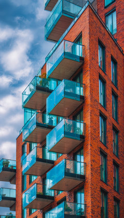A contemporary urban residence featuring striking red brick facades and sleek glass balcony railings...