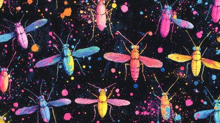 Brightly hued bugs rest amid vivid paint splashes, creating a lively contrast against a dark, dramatic background perfect for artistic or nature themeの写真素材