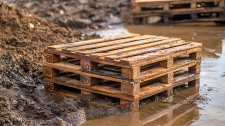 Weathered pallets lie partially submerged in murky water, capturing a deserted construction zone's abandoned and rugged atmosphere.の写真素材