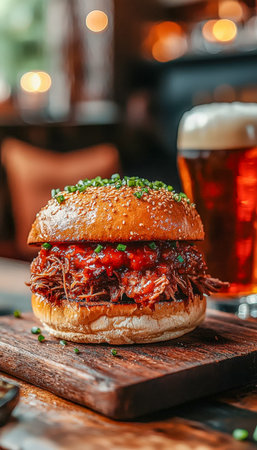 Succulent shredded pork piled high with fresh green onions, served on rustic wood, accompanied by a...