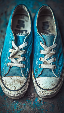 Vintage-style blue sneakers with slightly frayed laces rest on a rugged dark surface, evoking a relaxed, nostalgic mood suitable for casual, lifestyleの写真素材