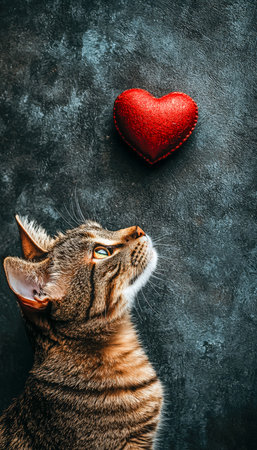 An inquisitive feline examines a soft crimson ornament, its attentive eyes contrasting with a moody, textured dark backdrop.の写真素材