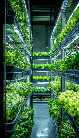 Vibrant green leafy vegetables thrive on organized metal racks inside a modern indoor farm,...
