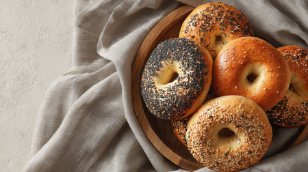 A rustic wooden tray filled with golden-brown bagels topped with crunchy sesame and vibrant poppy seeds, perfect for breakfast or brunch displays.の写真素材
