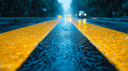 A reflective dark street surface illuminated faintly by overhead lights, vibrant yellow and black...