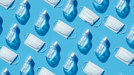 An organized display of clear hand sanitizer bottles and folded face masks evokes cleanliness and health awareness, ideal for hygiene and safety themeの写真素材