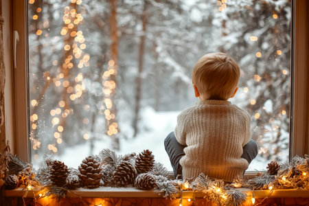 A young child gazes softly through a frost-framed window adorned with glowing lights and pinecones, capturing holiday warmth amid winter's silent beauのeditorial素材