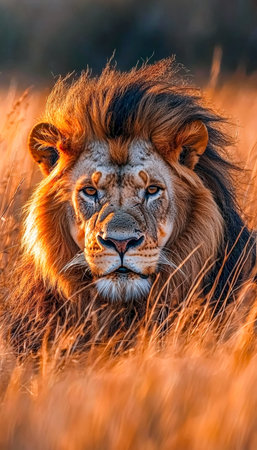 A regal lion with intense gaze lounges amid swaying amber grasses, basking in the warm glow of a...
