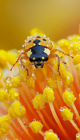 Delicate macro captures a vibrant red ladybug resting on a sunny yellow blossom, adorned with...