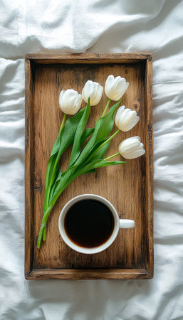 Elegant white tulips and a steaming coffee cup rest on a rustic wooden tray, set against a soft...