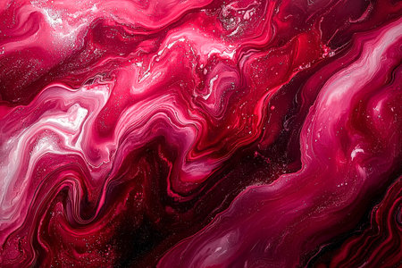 Vibrant fluid vortex blending shades of pink, crimson, and pearl with a sleek shine and shimmering cosmic particles, evoking dynamic elegance and mystの写真素材