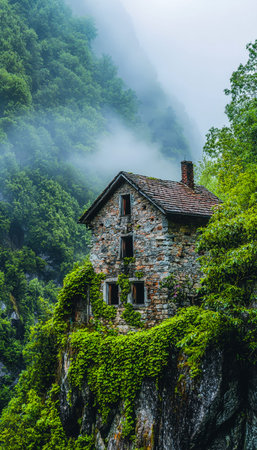 An ancient stone cottage nestled amid vibrant forest foliage, with fog-covered peaks creating a...