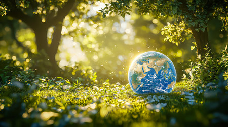 A realistic globe with digital features nestled among dense foliage, illuminated by dappled sunlight, evoking harmony between technology and nature.の写真素材