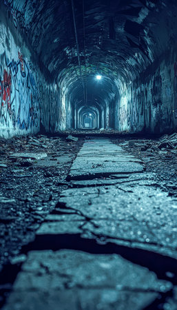 A moody underground passage with peeling walls covered in vibrant street art, cracked concrete flooring, and an eerie blue glow casting shadows everywの写真素材