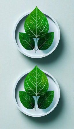 Elegant botanical illustrations featuring lush green foliage encased in clean white circles, emphasizing sustainability, purity, and harmony with natuの写真素材