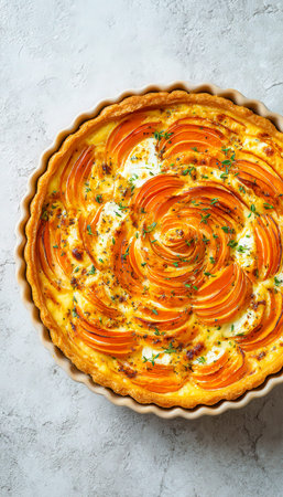 A beautifully crafted savory quiche featuring juicy tomatoes and fragrant herbs, served in an ornate...