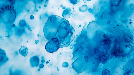 Fluid shades of blue form dynamic organic patterns accented with vibrant splashes, evoking...