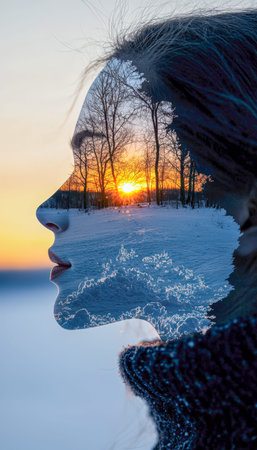 A silhouette of a woman's side view blends seamlessly with a serene winter sunset scene, evoking...